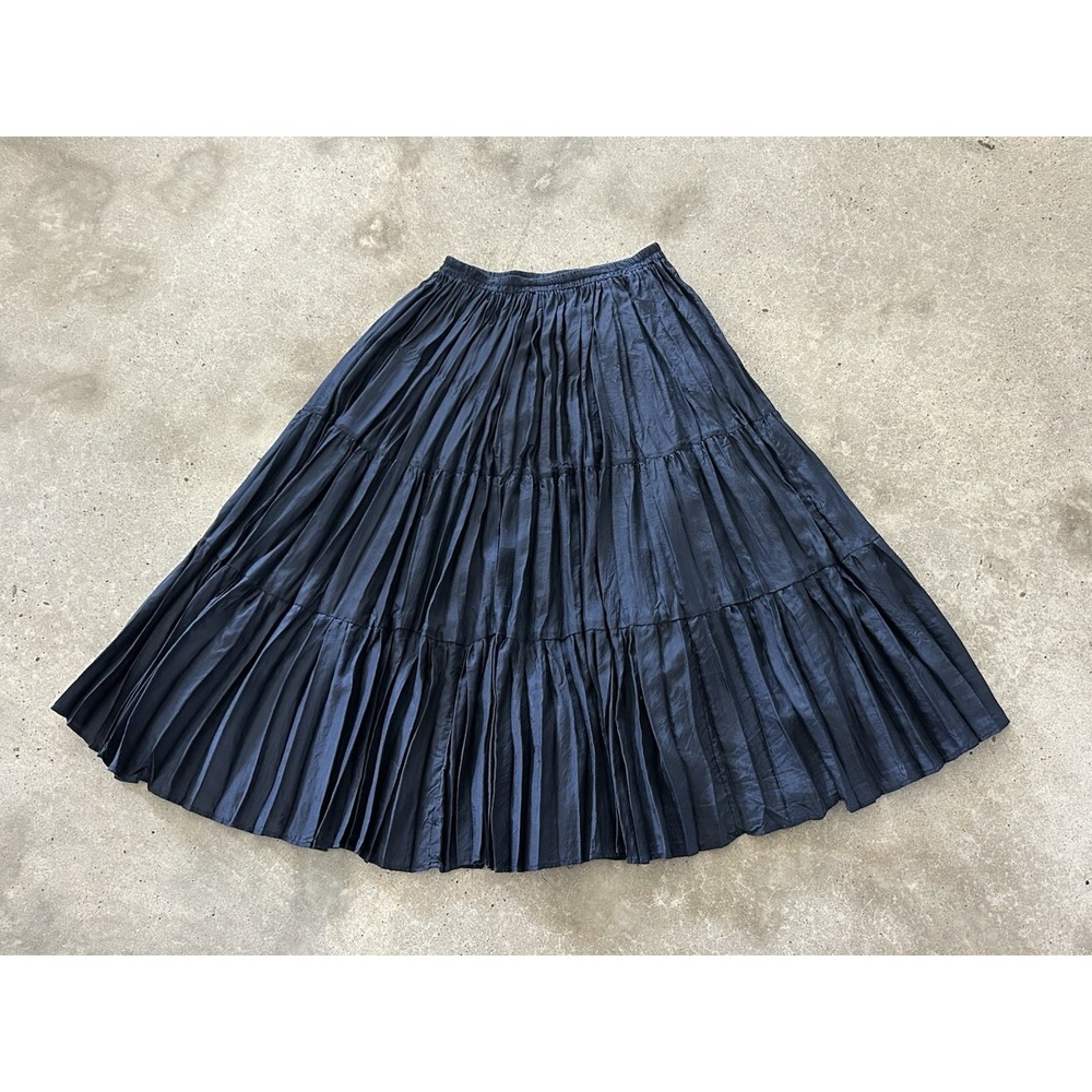 Double D Ranch Wear Navy Blue Silk Maxi Skirt ‎ Broomstick Tiered Western Small